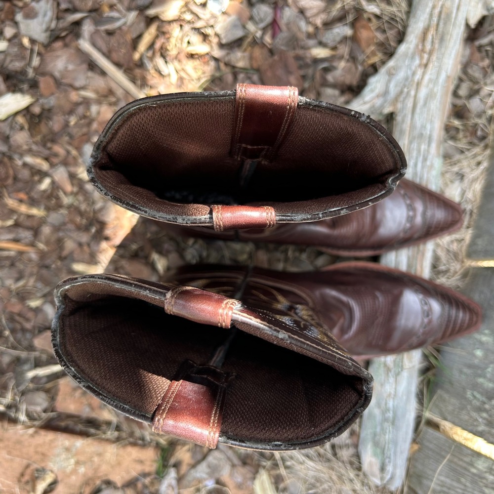 Laredo Brown Leather Western Cowgirl Boots Lizard Embossed Wingtip Pointed Toe - Picture 9 of 10